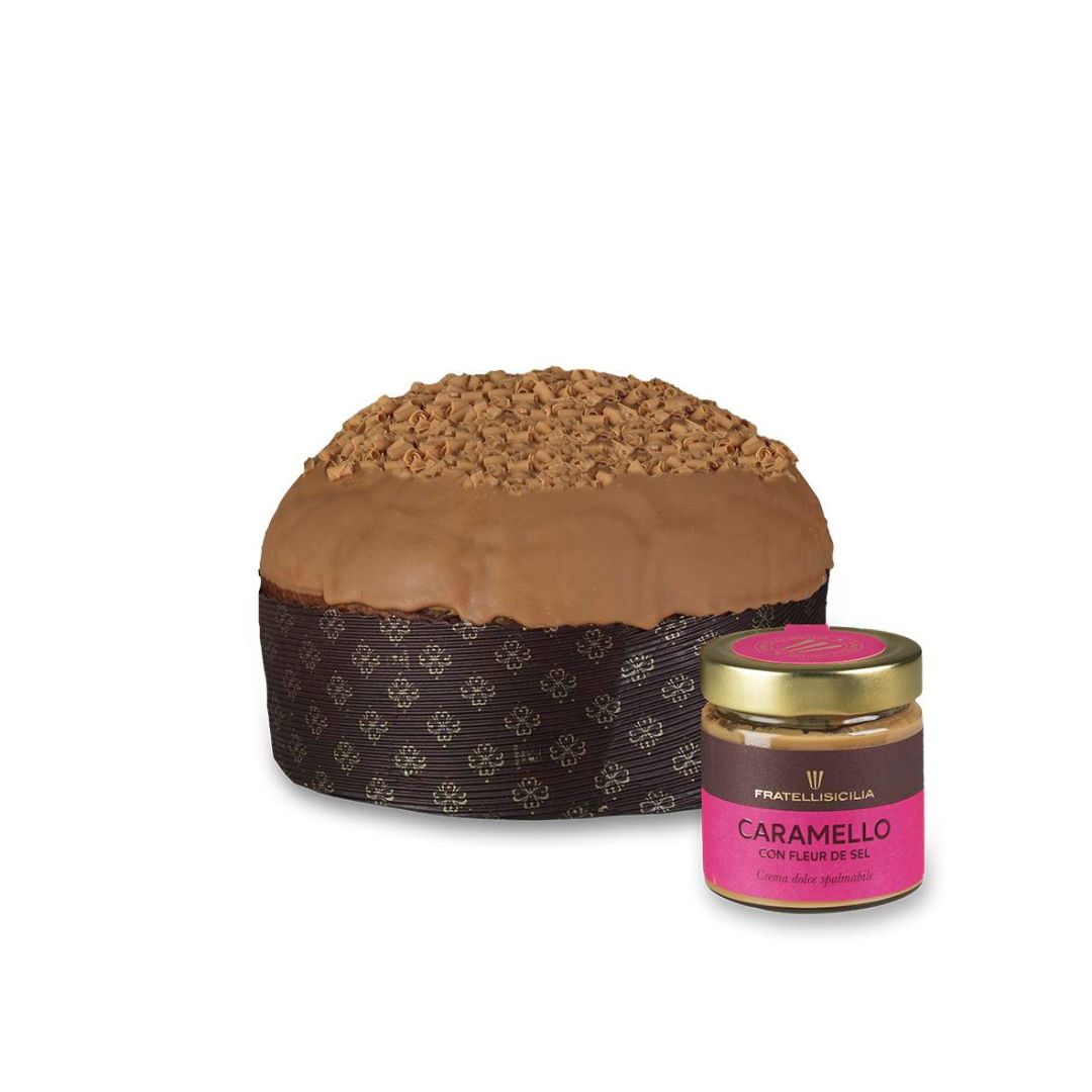 Fratelli Sicilia - Panettone Cioccolato al latte e Caramello Salato con Vaso Crema Caramello Salato 800gr + 200gr